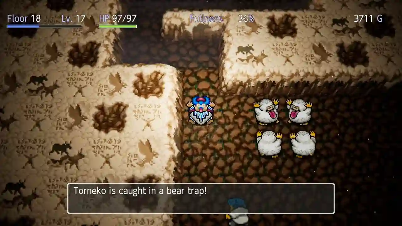 Torneko atrapado en una trampa para osos en el piso 18 de Torneko's Mystery Dungeon -Classic HD-