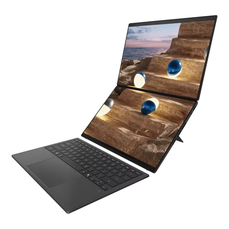ASUS Zenbook DUO en modo de pantalla dual, con las dos pantallas apiladas y el teclado separado