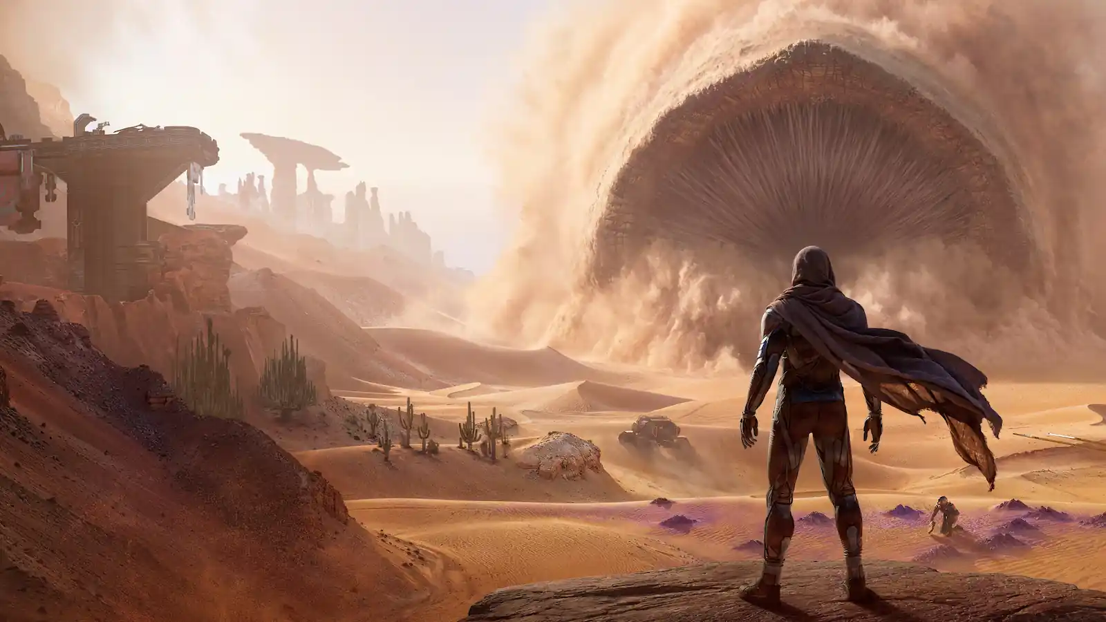 Un personaje con capa frente a una enorme formación rocosa del desierto de Arrakis en Dune: Awakening