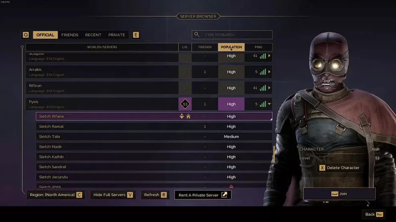 El navegador de servidores y la pantalla de selección de personaje de Dune: Awakening