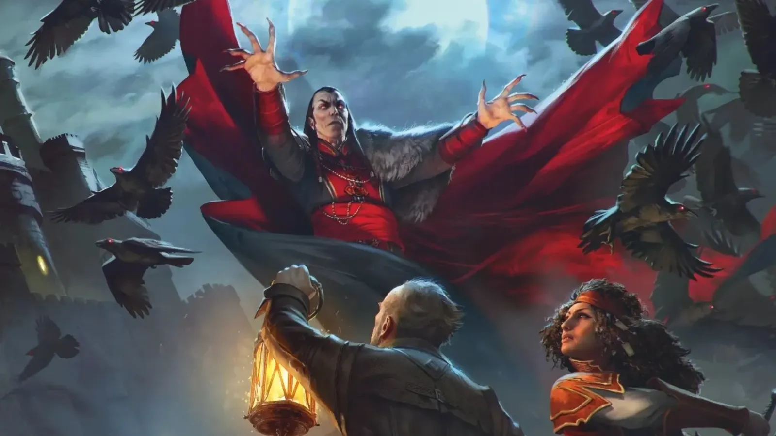 Arte de Ravenloft: el vampiro Strahd von Zarovich con capa roja sobre un grupo de aventureros rodeado de cuervos