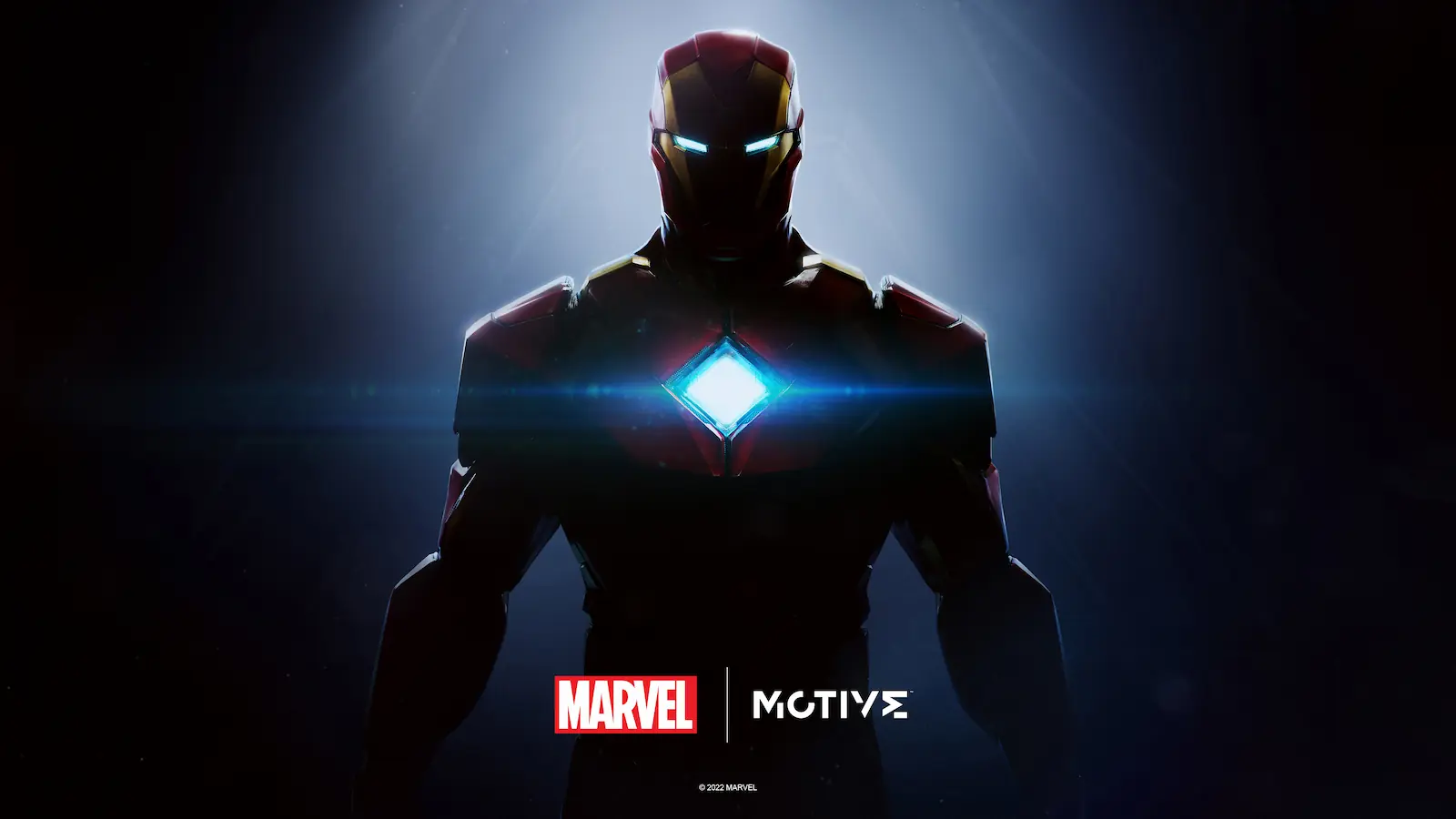 Arte oficial del juego de Iron Man de EA Motive, con la silueta de la armadura y el reactor arc encendido