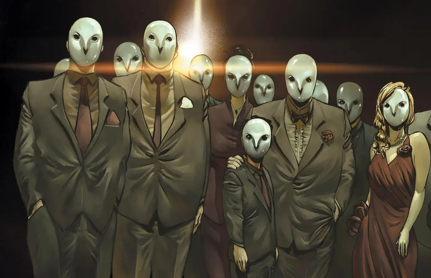 Integrantes del Tribunal de los Búhos reunidos y enmascarados en los cómics de Batman