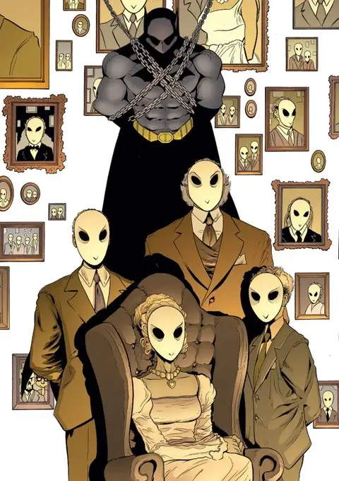 Retrato familiar del Tribunal de los Búhos con Batman encadenado detrás, en los cómics