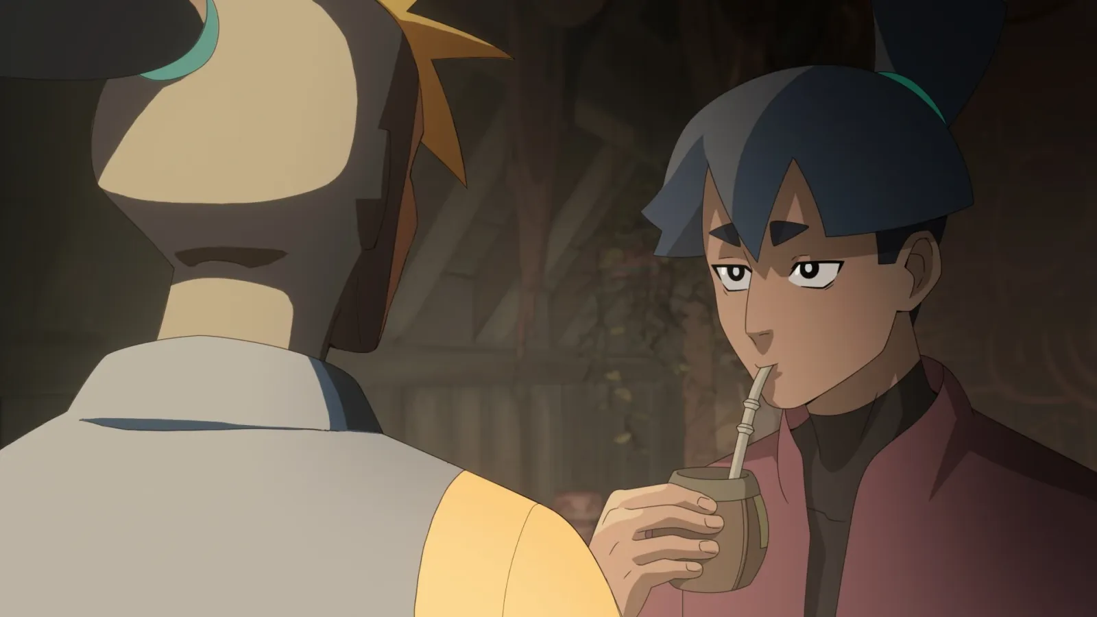 Un personaje de Electro Andes toma mate con bombilla mientras conversa, en una escena del anime argentino