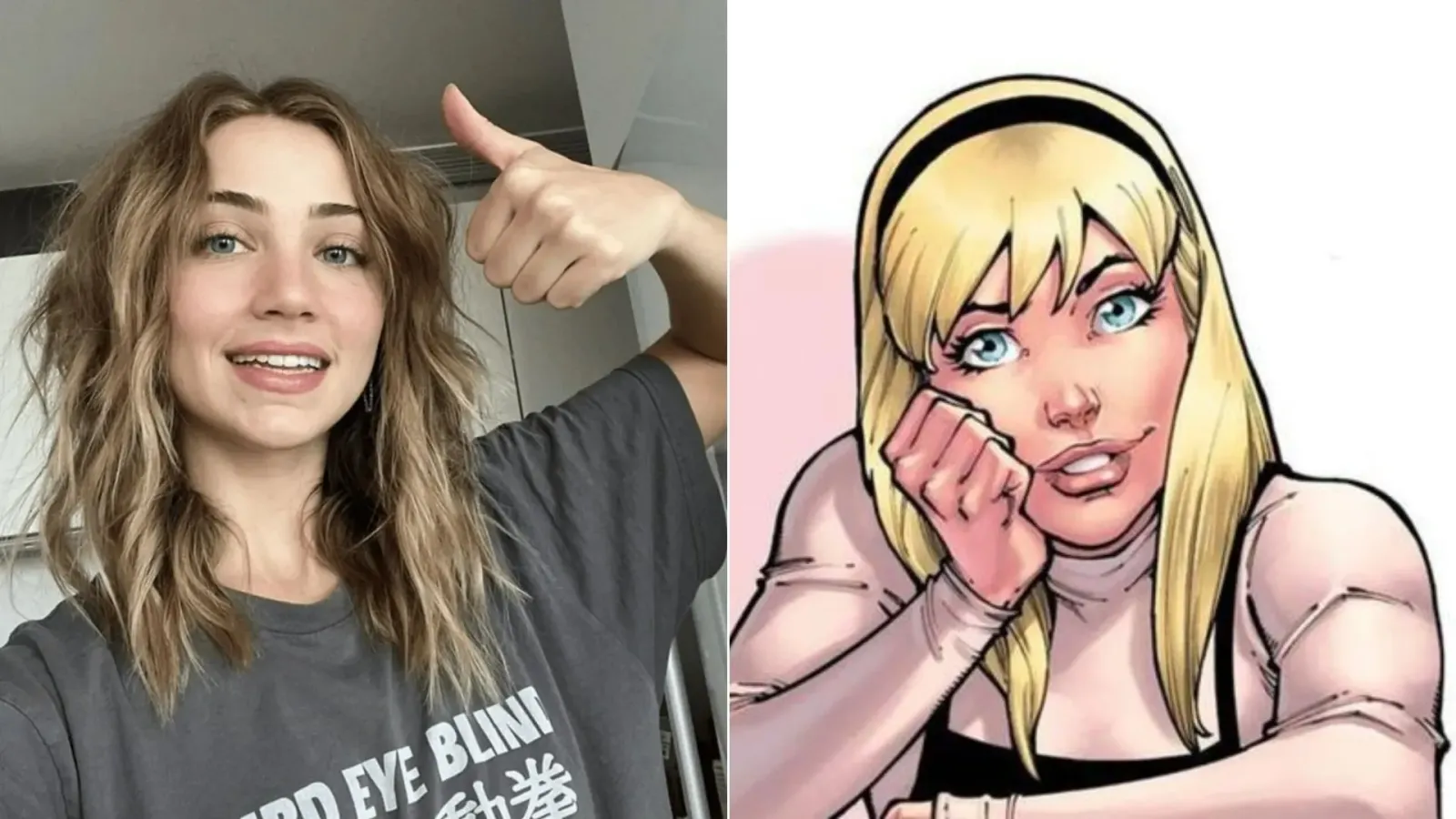 Montaje con una foto personal de Emily Rudd y una ilustración de Gwen Stacy en los cómics