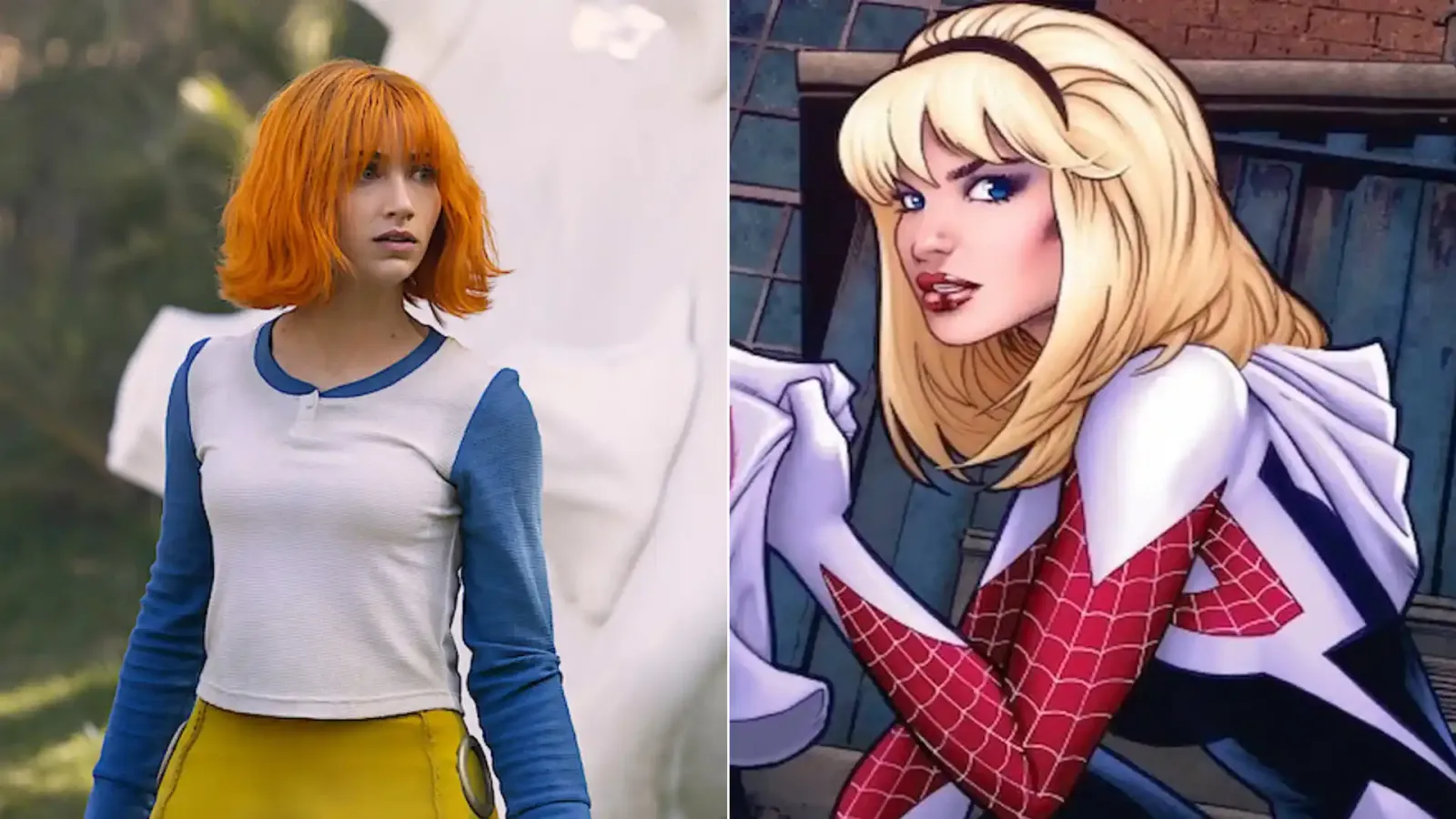 Montaje con Emily Rudd caracterizada como Nami en One Piece y una ilustración de Gwen Stacy con el traje de Spider-Gwen