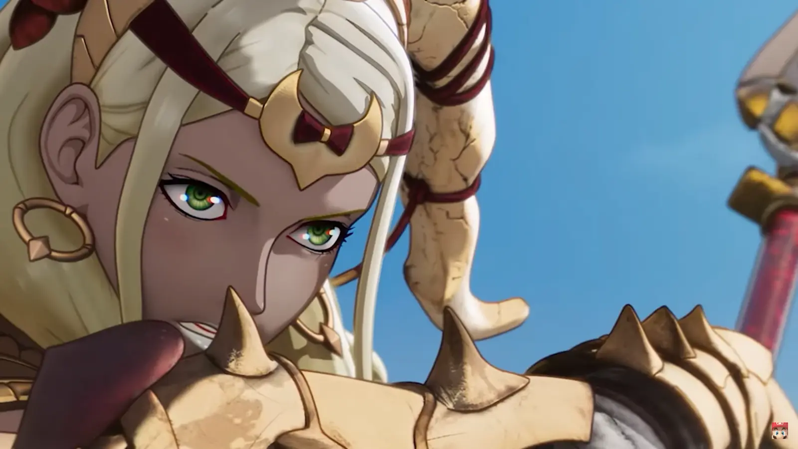 Primer plano de una guerrera rubia con armadura en una escena de Fire Emblem: Fortune's Weave