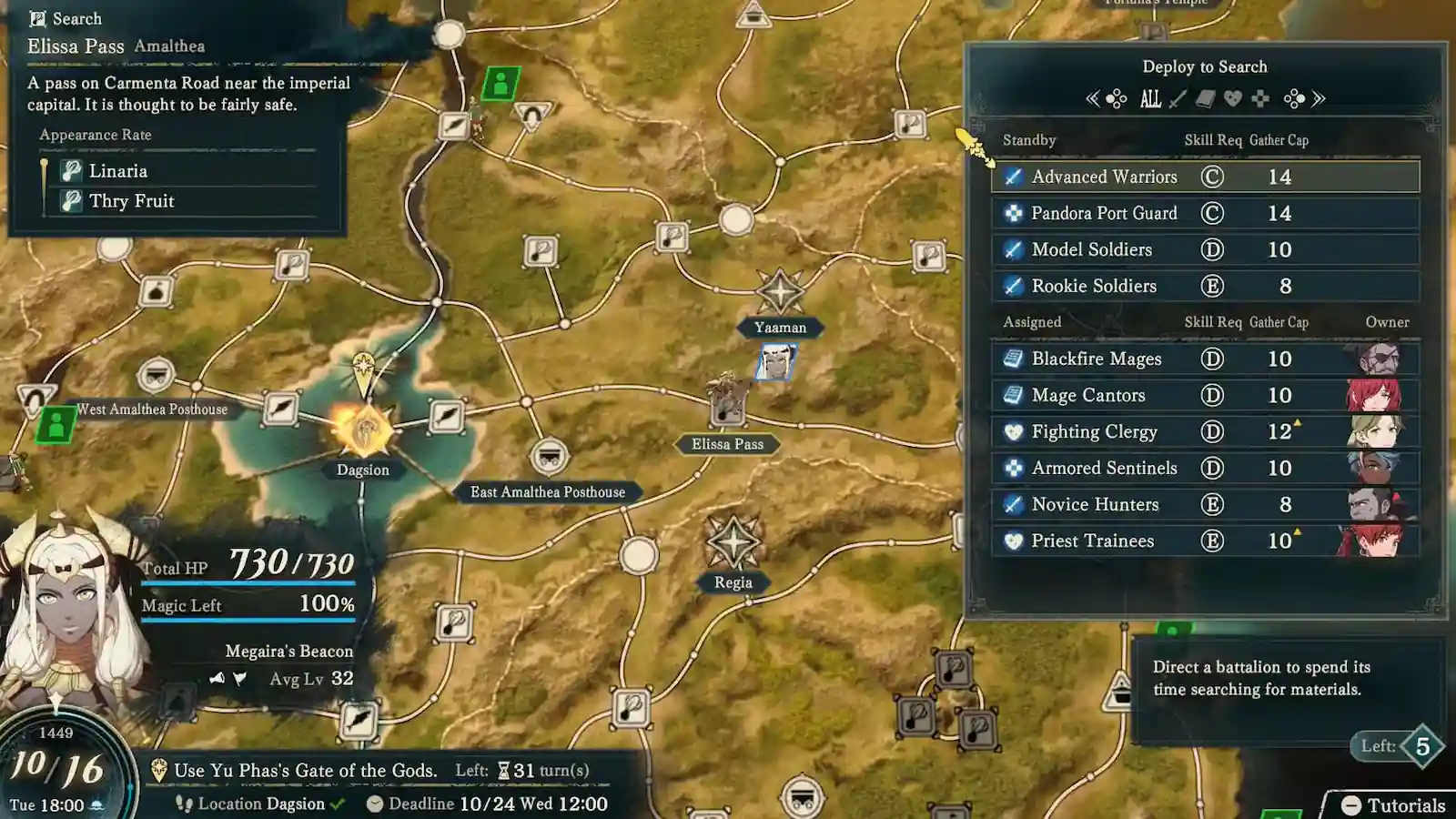 Menú de despliegue de batallones de Fire Emblem: Fortune's Weave con la lista de unidades disponibles y el mapa alrededor de Dagsion