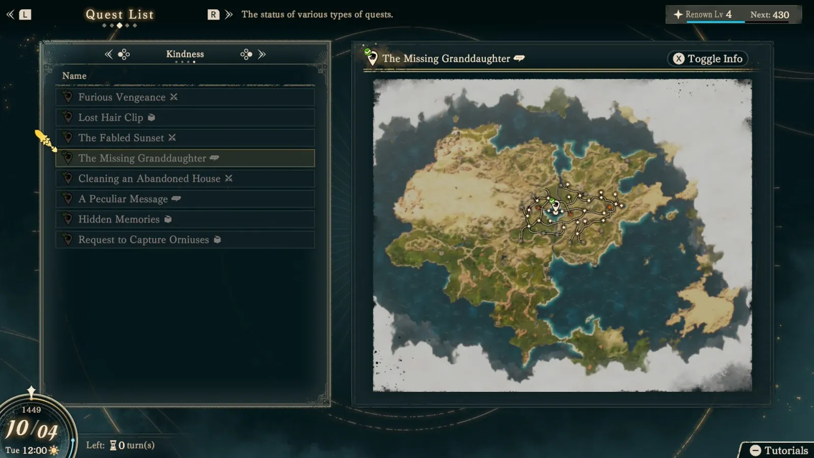 Pantalla de lista de misiones de Fire Emblem: Fortune's Weave con el mapa del continente y los encargos disponibles