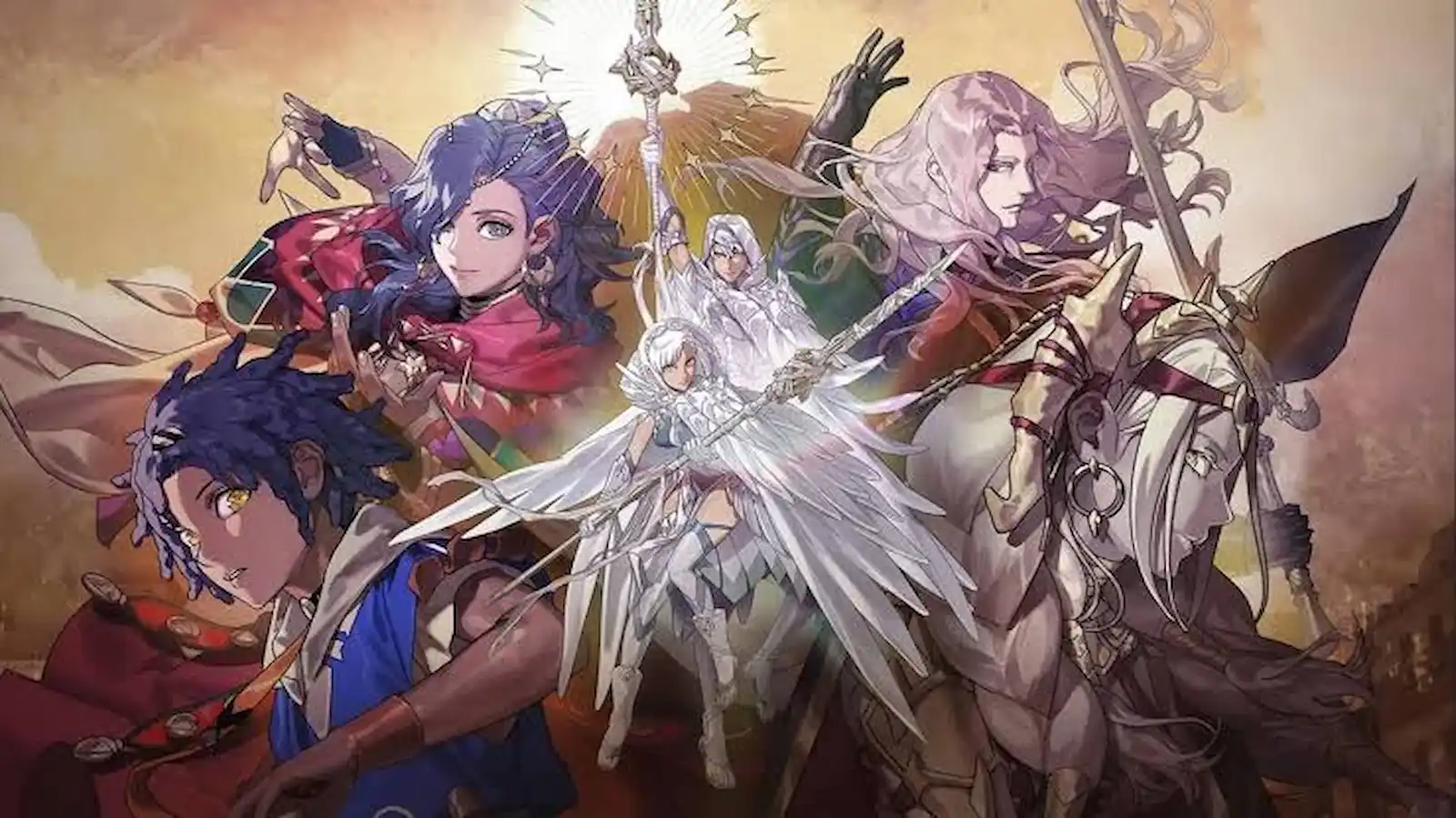 Los cuatro héroes de Fire Emblem: Fortune's Weave rodeando a una figura luminosa en el arte principal del juego