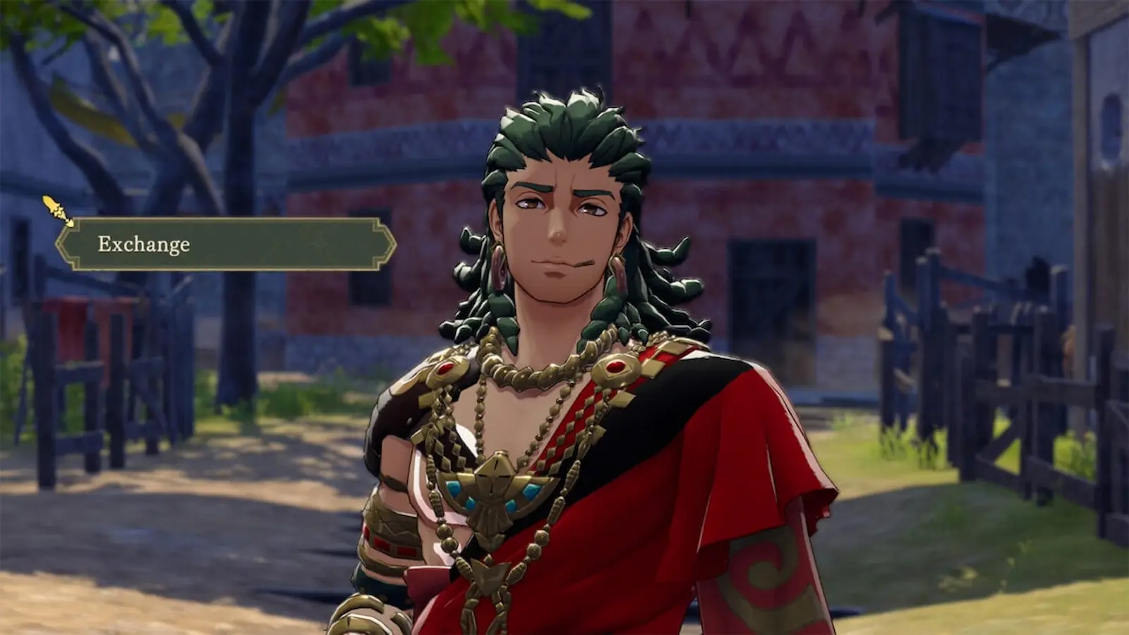 Comerciante de la compañía Vandhal en Fire Emblem: Fortune's Weave con la opción de intercambio en pantalla