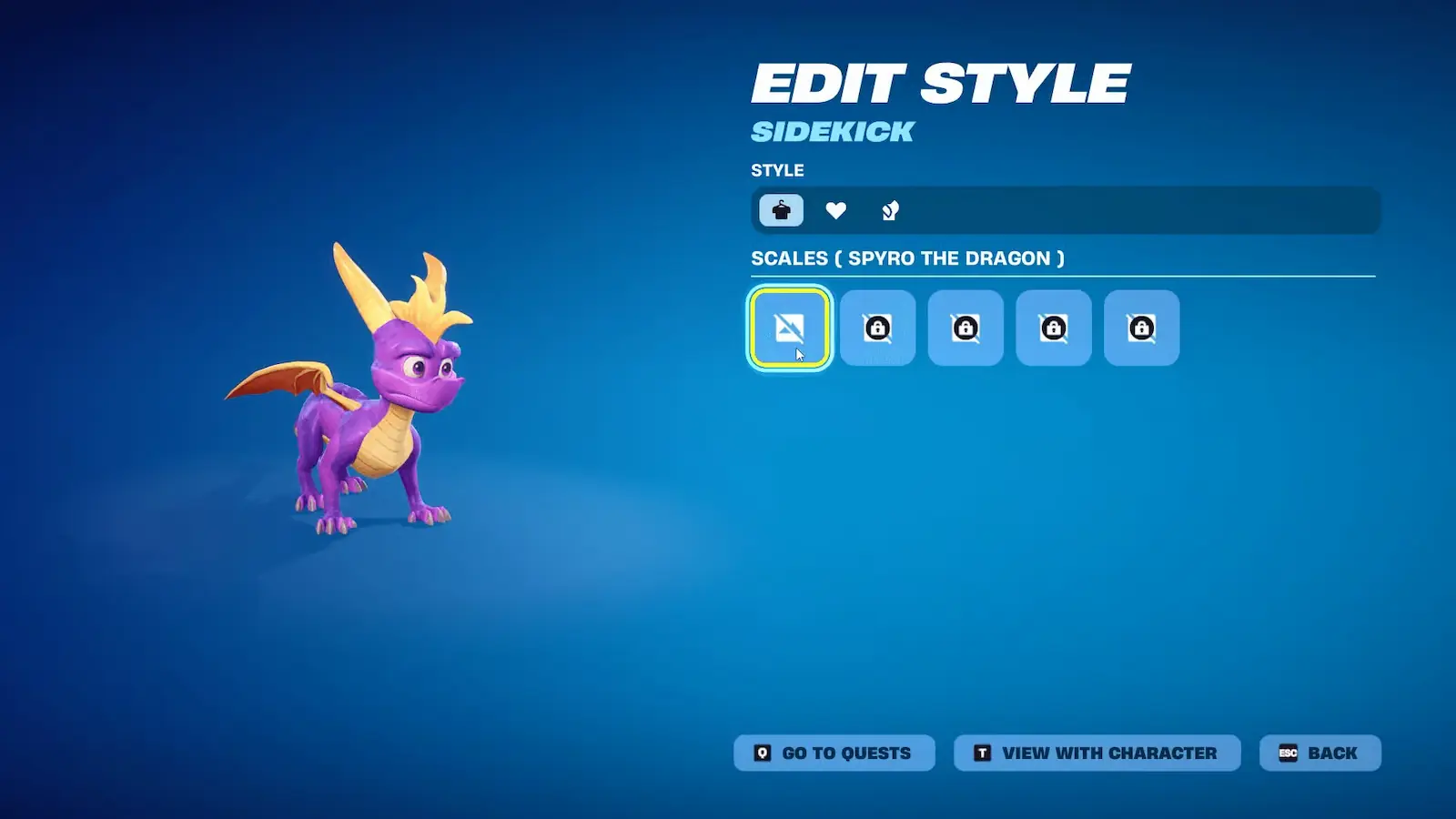 Menú de edición de estilo del compañero Spyro en Fortnite, con las variantes desbloqueables