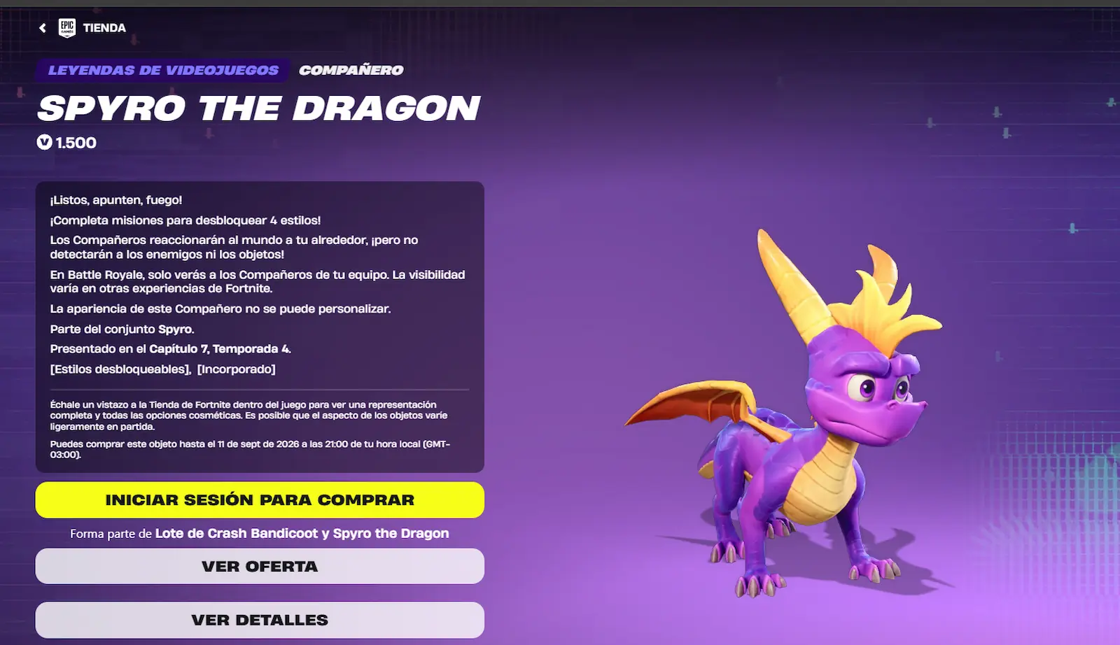 Ficha de Spyro the Dragon en la tienda de Fortnite: 1.500 V-Bucks y disponible hasta el 11 de septiembre