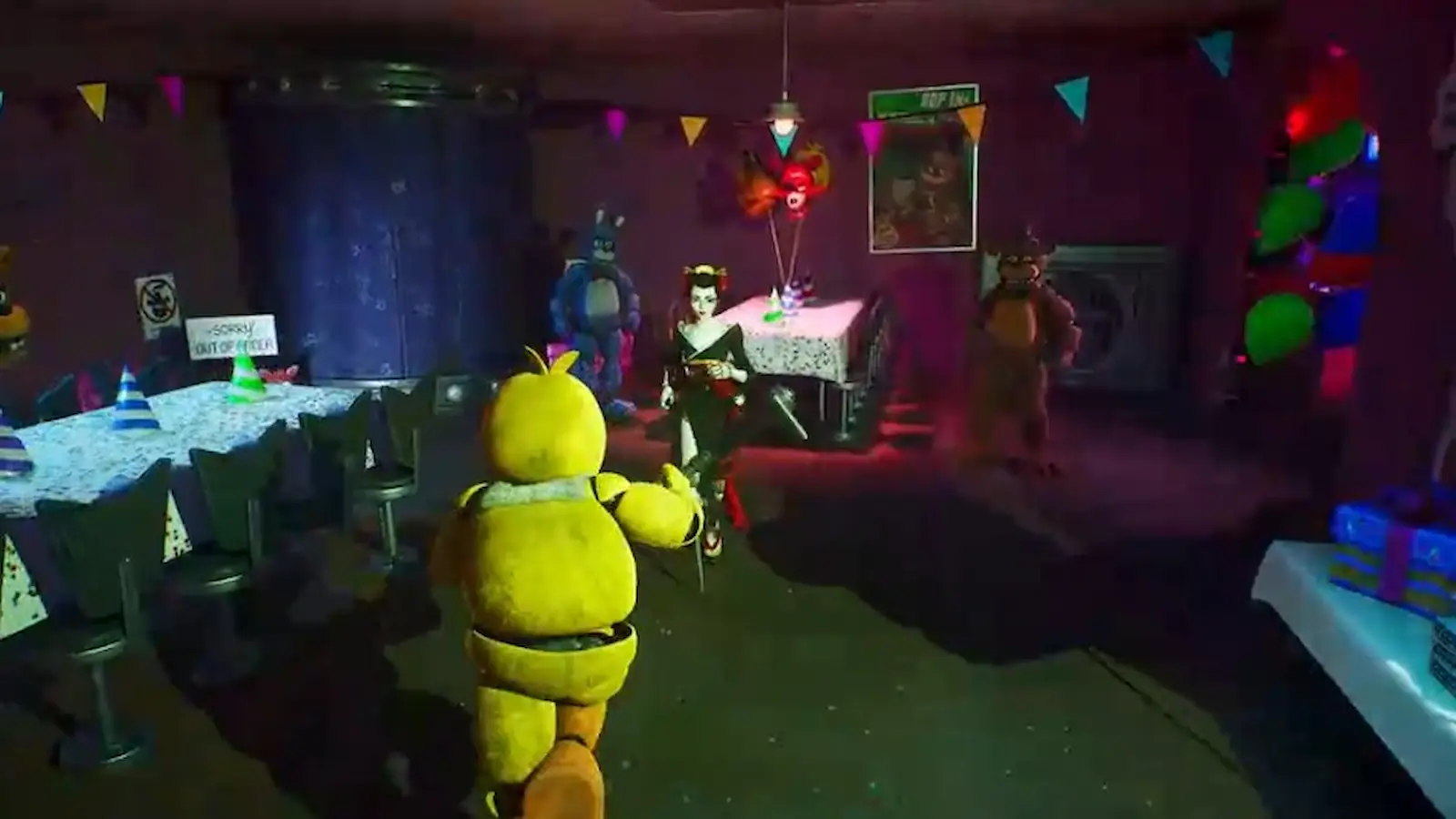 Chica y otros animatrónicos de Five Nights at Freddy's en la pizzería de Fortnite
