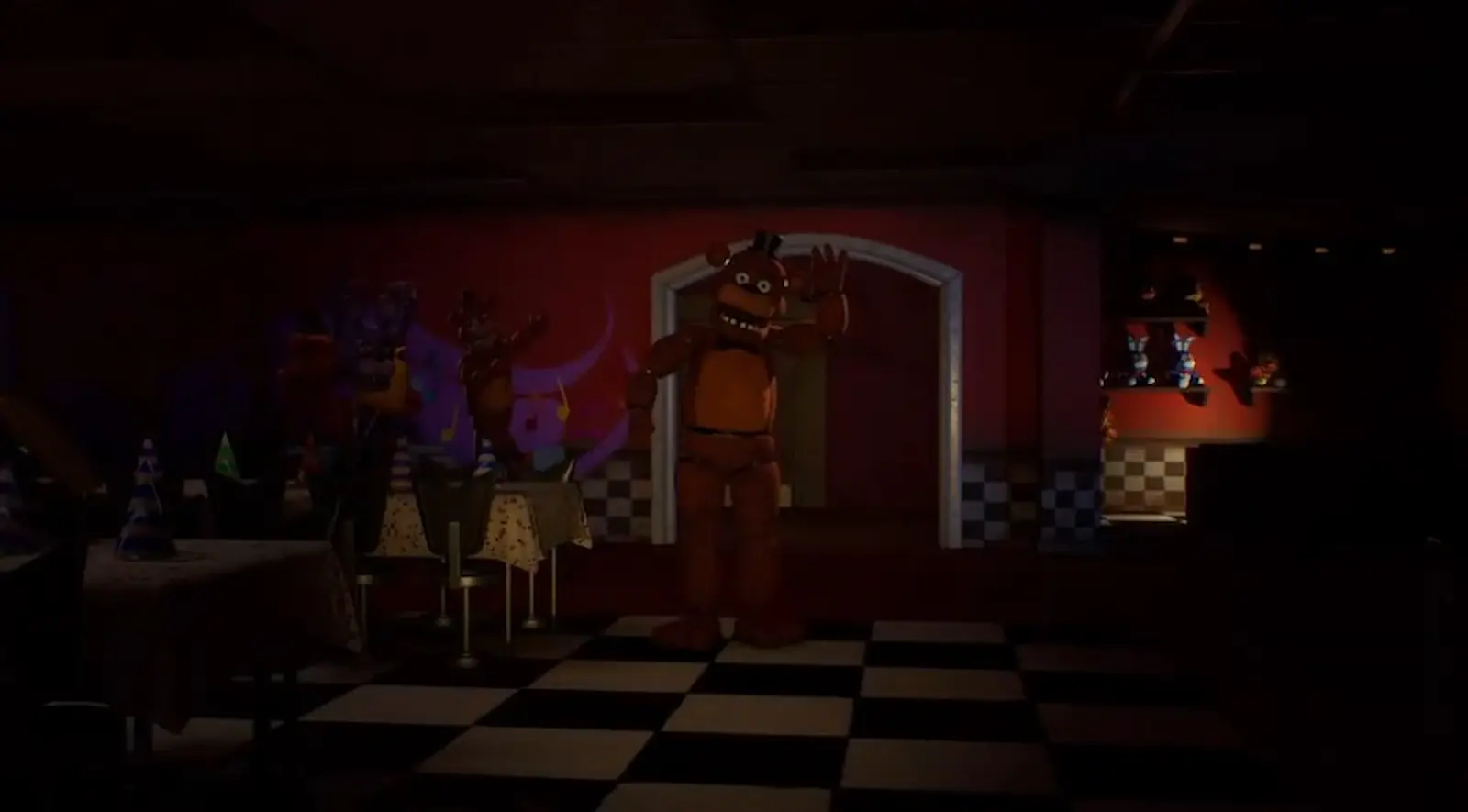 Un animatrónico en el salón oscuro de la pizzería de Freddy Fazbear en Fortnite