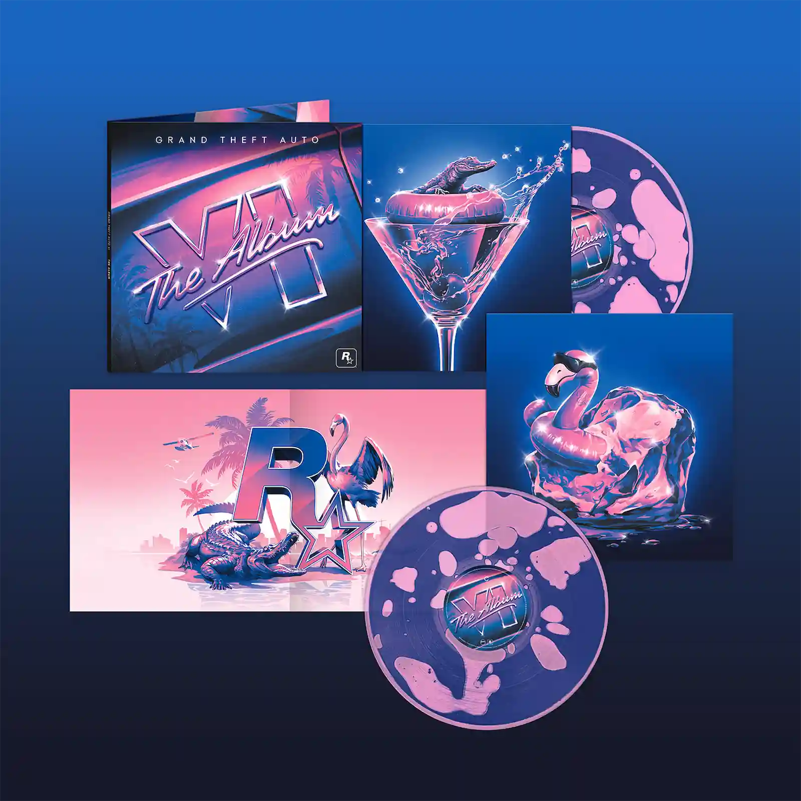La edición limitada de Grand Theft Auto VI: The Album, con sus dos discos transparentes rellenos de líquido azul, la funda y el arte interior