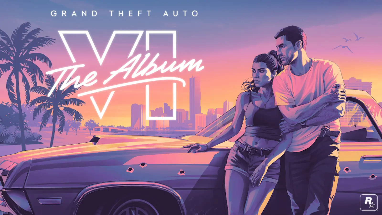 Arte oficial de Grand Theft Auto VI: The Album, con Jason y Lucia apoyados en un auto frente a la costa de Vice City