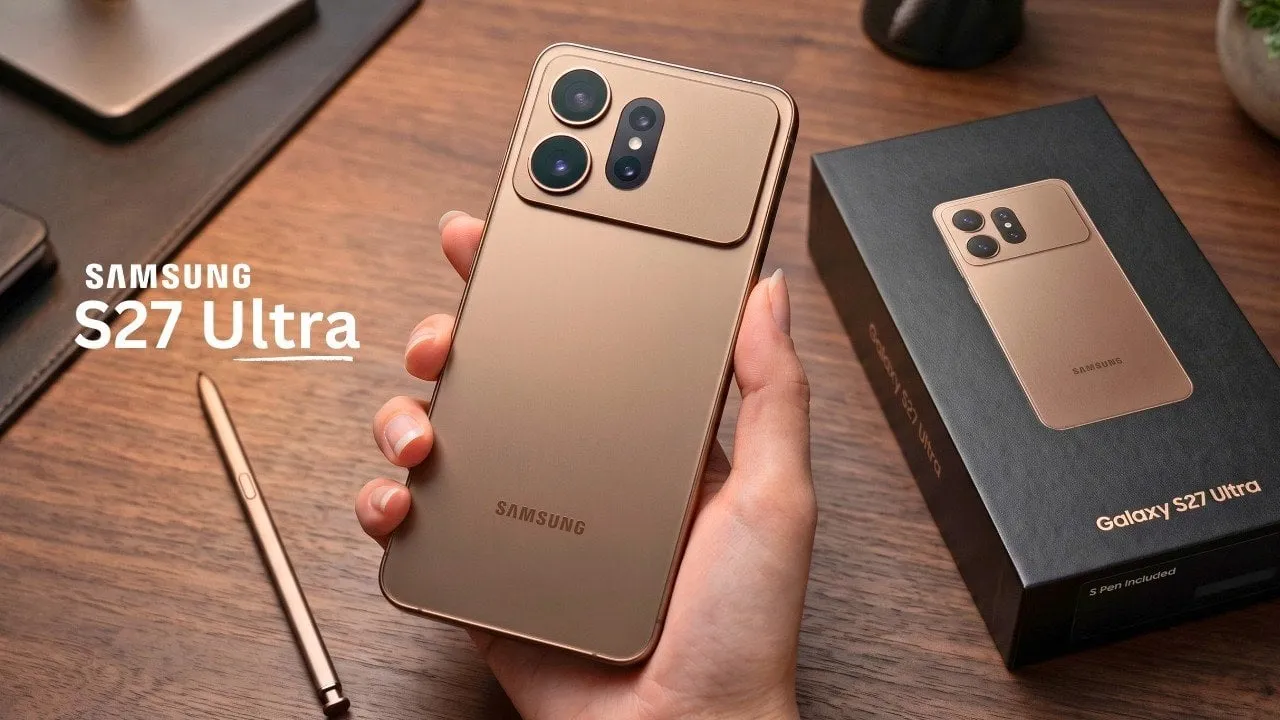 Render conceptual de un Galaxy S27 Ultra color bronce sostenido en la mano, junto a su S Pen y su caja