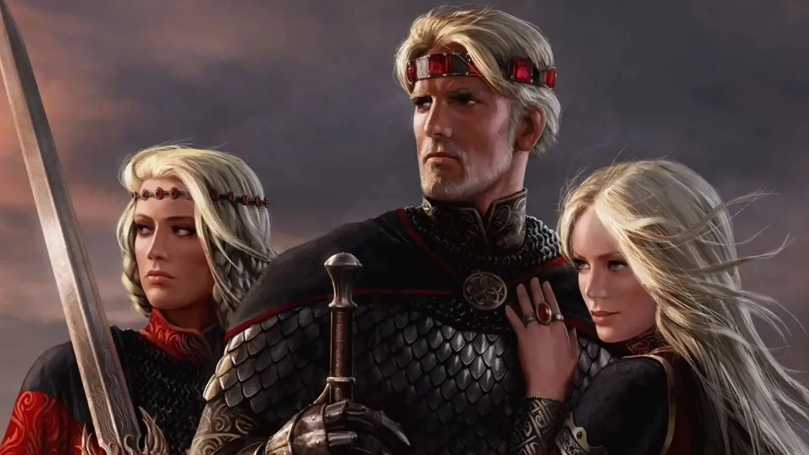Ilustración de Aegon Targaryen con sus hermanas Visenya y Rhaenys, protagonistas de la película de Game of Thrones