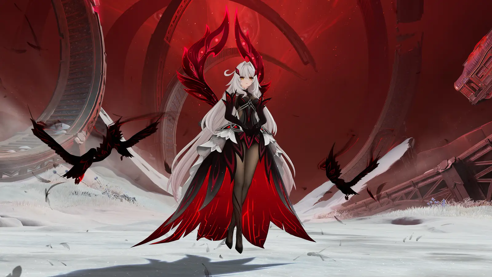 Ronova, la Soberana de la Muerte, de vestido rojo y negro rodeada de cuervos, en su pelea como jefe semanal de Genshin Impact 7.1