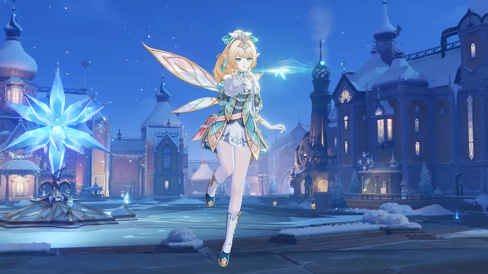 Vesna, personaje Anemo de 5 estrellas con alas de hada, en una plaza nevada de Snezhnaya en Genshin Impact 7.1