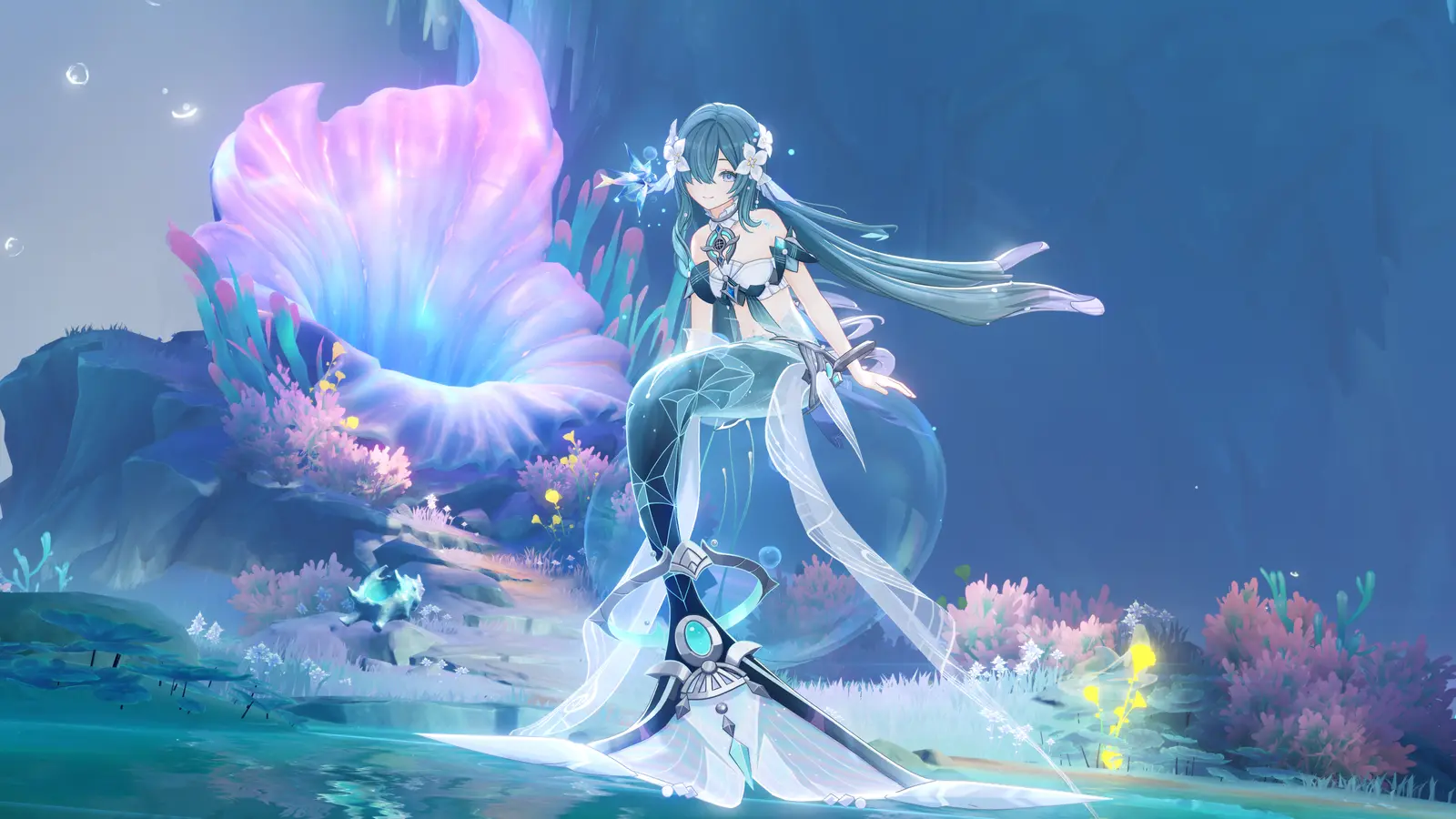 Vodyanitsa en su forma de nixie junto a una flor gigante bajo el agua en Genshin Impact 7.1