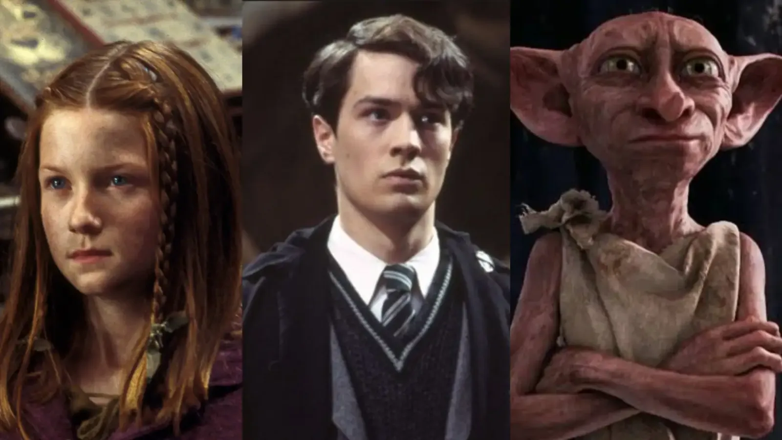 Ginny Weasley, Tom Riddle y Dobby tal como aparecieron en las películas de Harry Potter