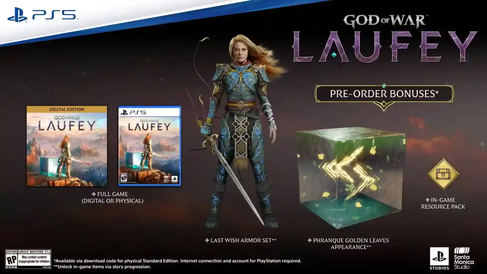 Lámina oficial con los regalos de preventa de God of War Laufey: armadura del último deseo, apariencia de Phranque y paquete de recursos