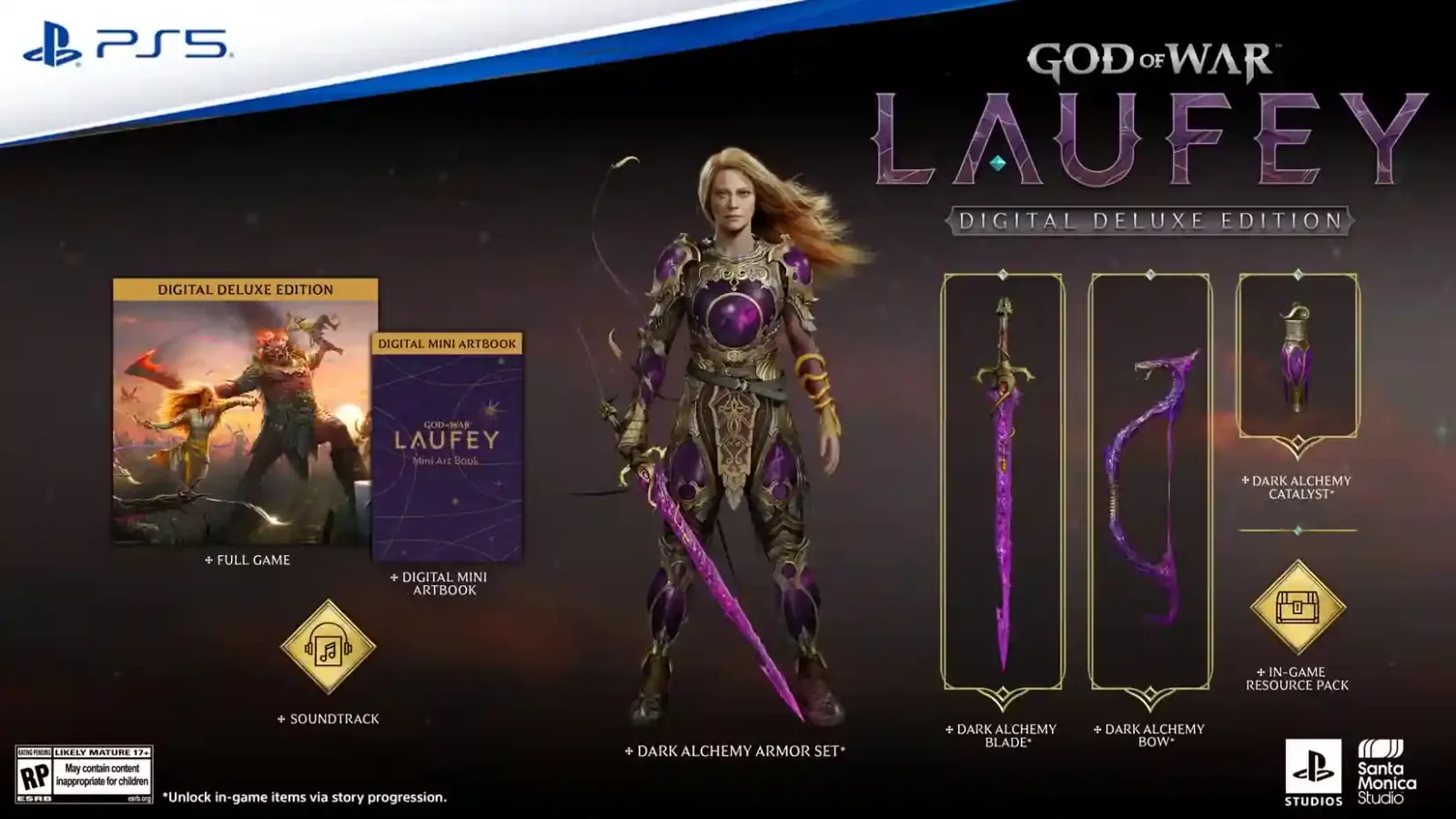 Contenido de la Edición Digital de Lujo de God of War Laufey: set de alquimia oscura, minilibro de arte y banda sonora