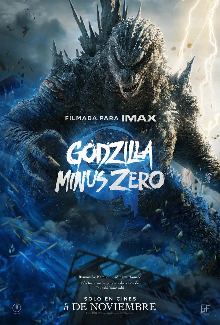 Póster oficial de Godzilla Minus Zero con la leyenda Filmada para IMAX y el estreno del 5 de noviembre