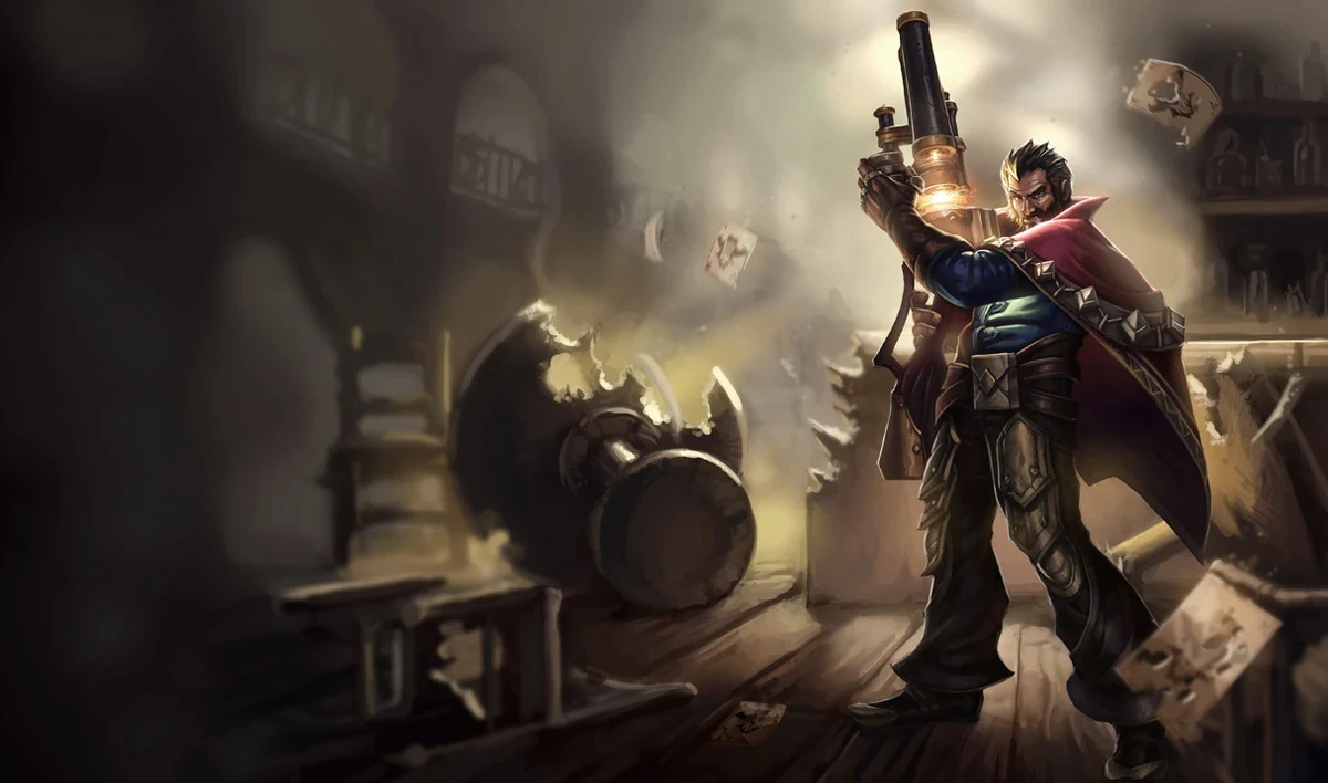 Splash art de Graves con su escopeta en una taberna, campeón que vuelve a LoL Classic con su kit viejo