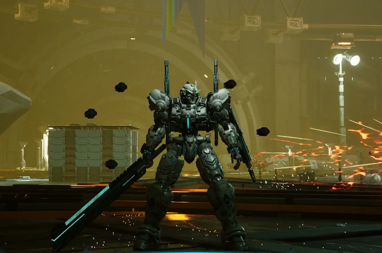 Mobile Suit con espada de asalto en una zona industrial de Gundam Rogue Orbit
