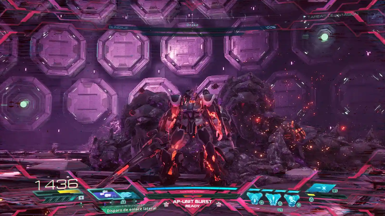 Medidor de AP-Unit Burst cargado durante la pelea contra el jefe Drake en Gundam Rogue Orbit