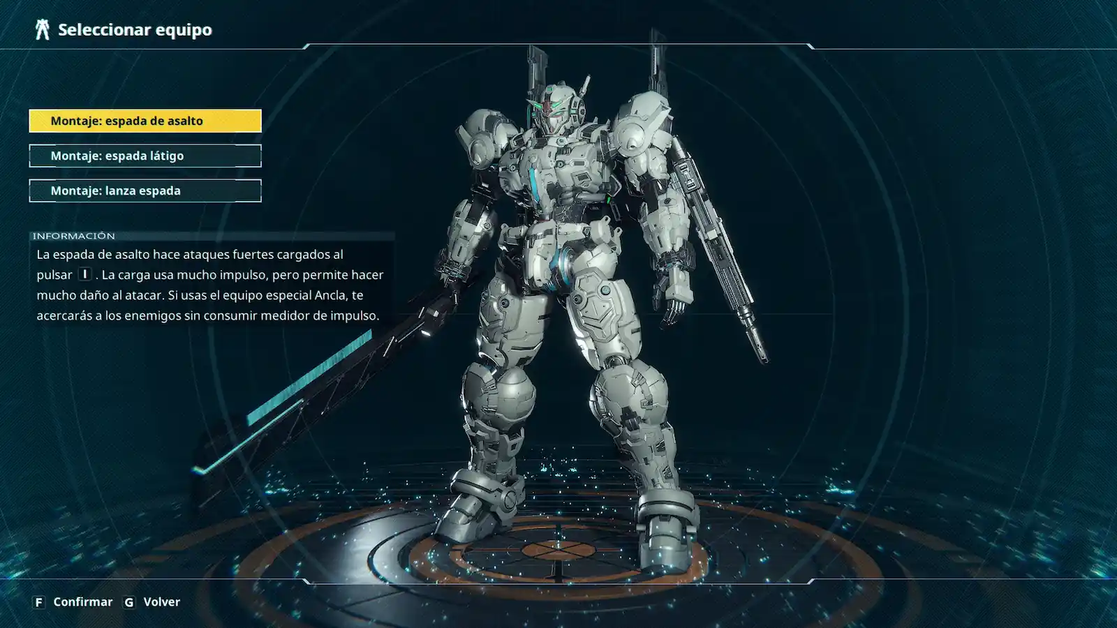 Menú de selección de equipo de Gundam Rogue Orbit con el montaje de espada de asalto