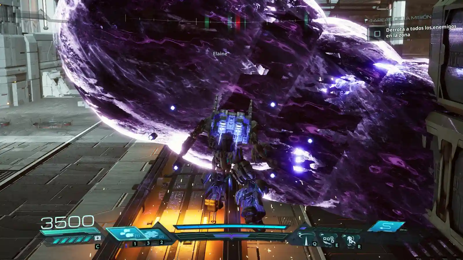 Mobile Suit frente a una estructura enemiga colosal en Gundam Rogue Orbit