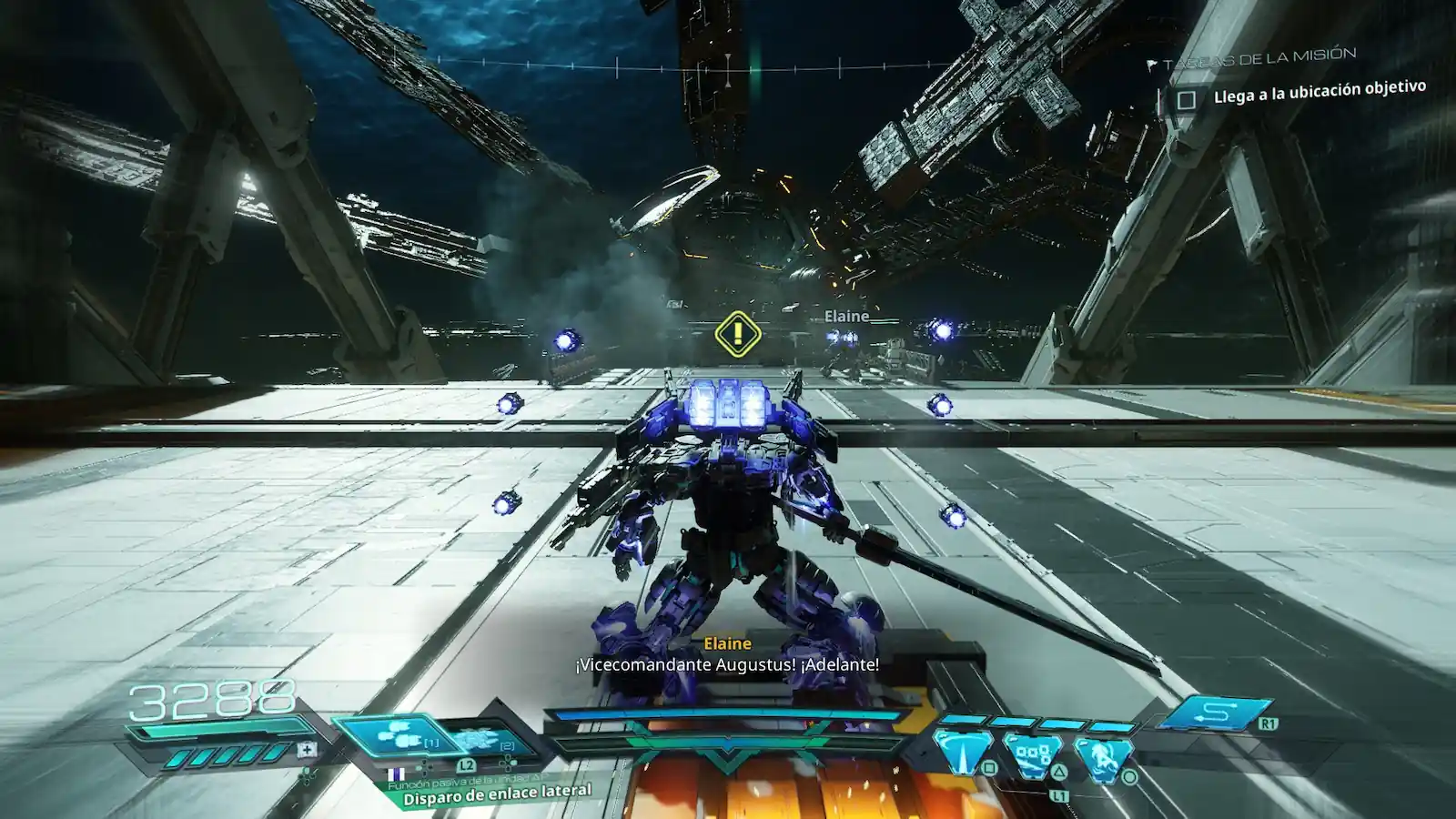 Mobile Suit avanzando por una estación espacial en Gundam Rogue Orbit