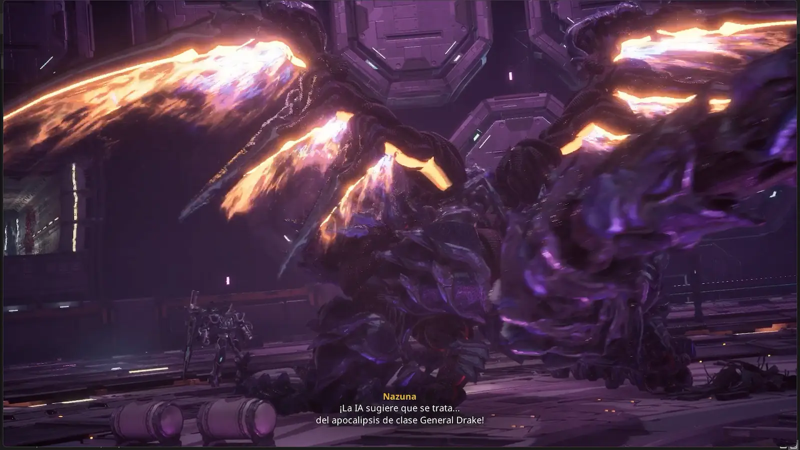 Enemigo colosal con alas de energía en Gundam Rogue Orbit