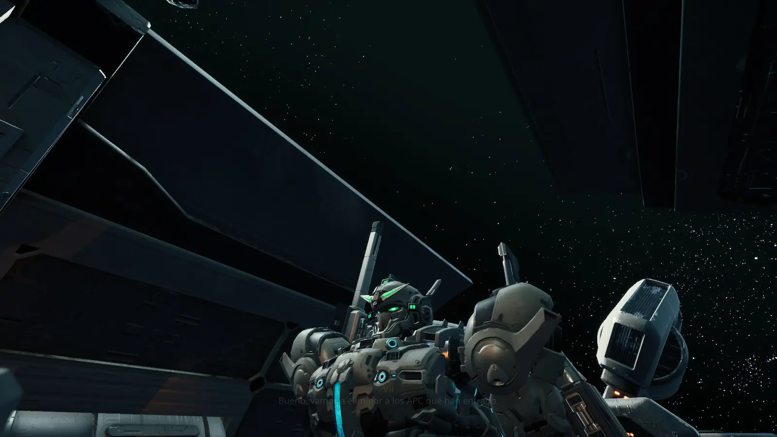 Plano cinematográfico de un Mobile Suit en el espacio en Gundam Rogue Orbit