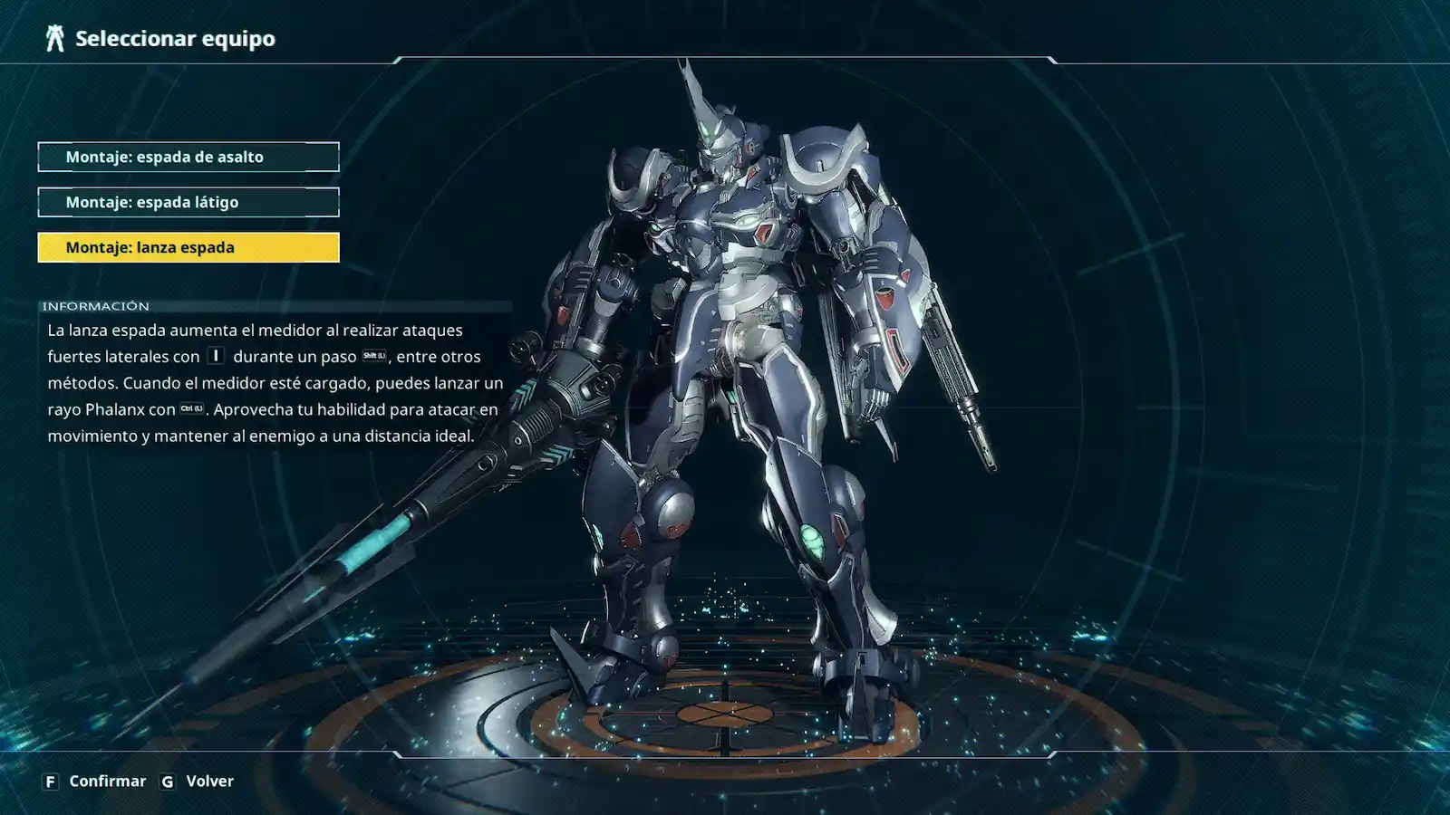 Pantalla de montaje de la lanza espada en Gundam Rogue Orbit