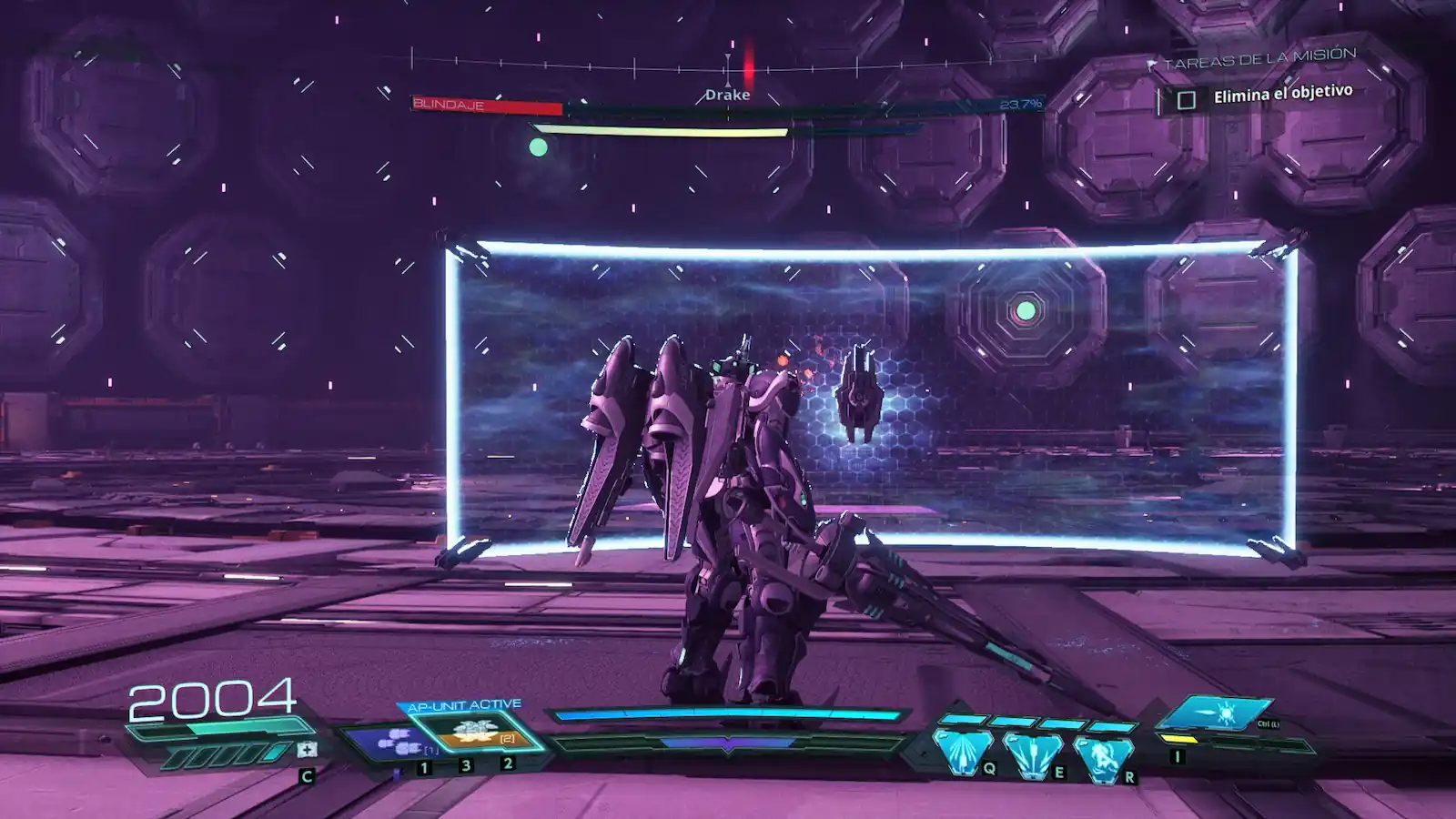 Campo de fuerza en forma de pared láser desplegado ante un jefe en Gundam Rogue Orbit