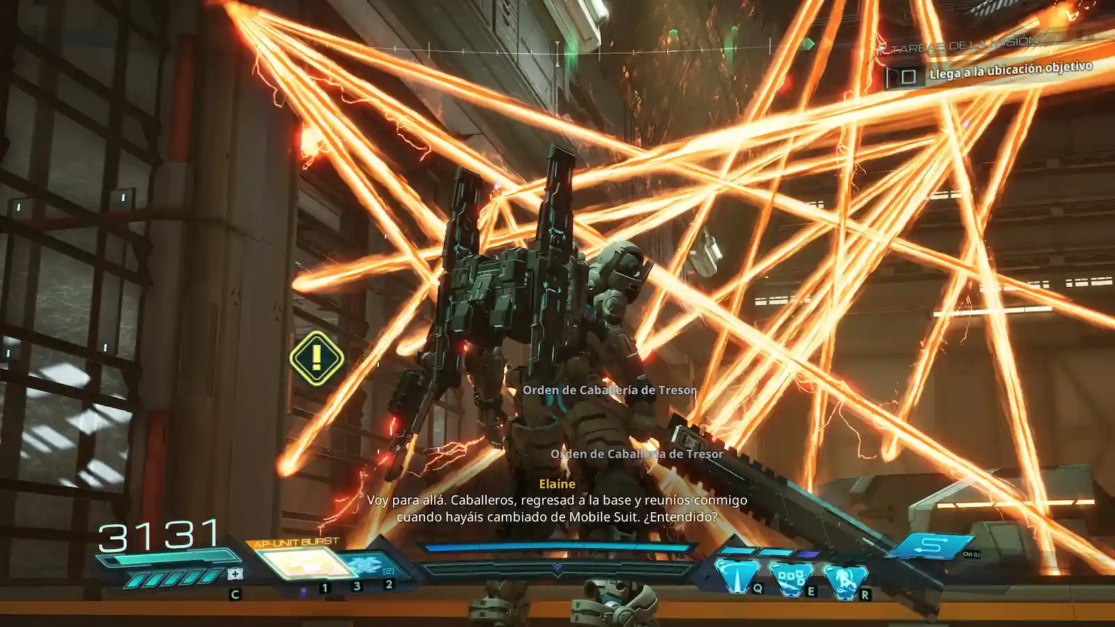Mobile Suit atrapado en un entramado de disparos cruzados en Gundam Rogue Orbit