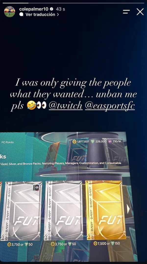 Historia de Instagram de Cole Palmer pidiendo que le saquen el ban de Twitch
