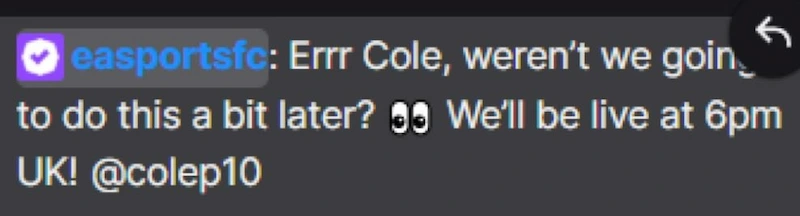 Mensaje de la cuenta oficial de EA Sports FC en el chat de Twitch de Cole Palmer
