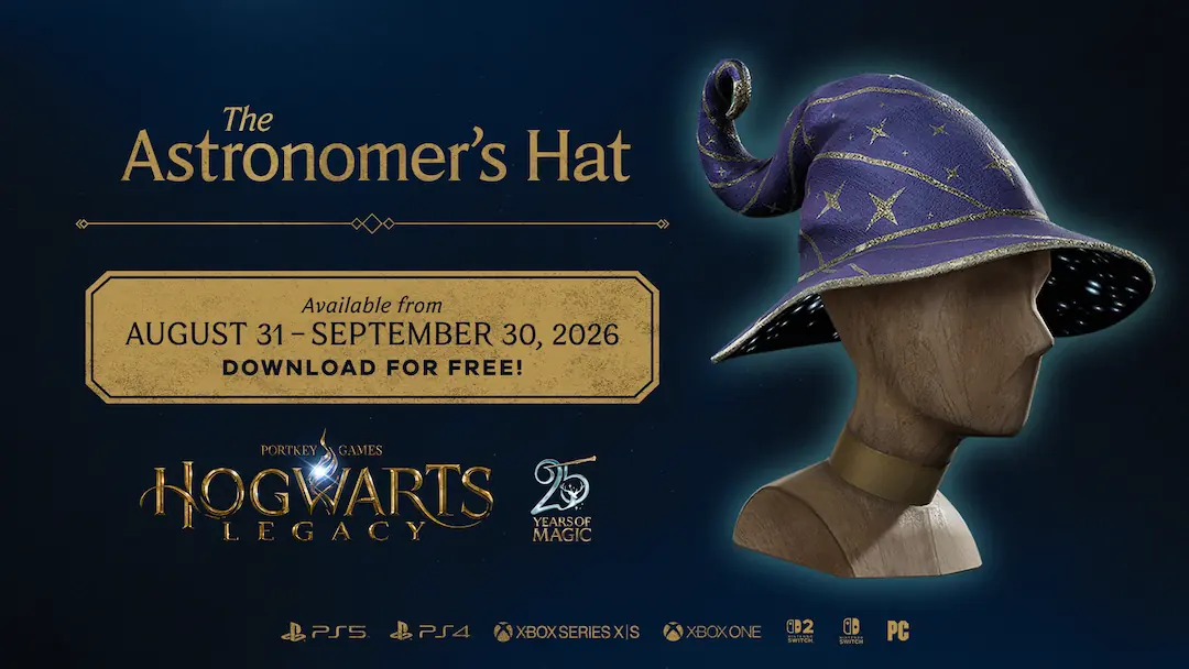 Placa oficial del Sombrero de Astrónomo, el DLC gratis de Hogwarts Legacy disponible del 31 de agosto al 30 de septiembre de 2026