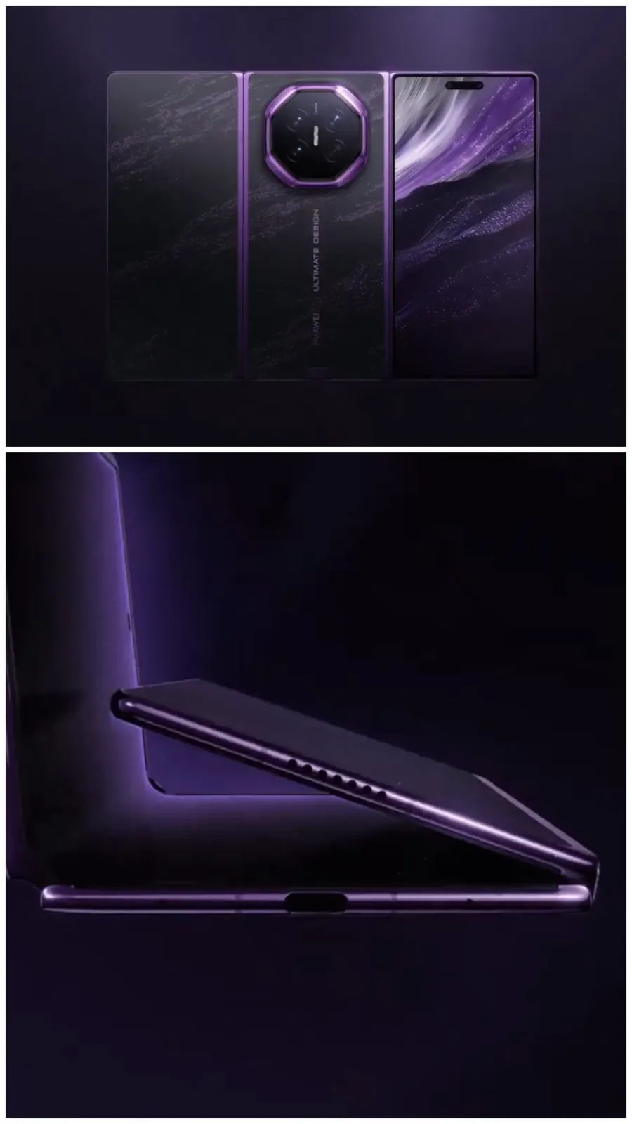 Huawei Mate XT 2 plegado de espaldas y entreabierto en V, que muestra el grosor del triple plegable