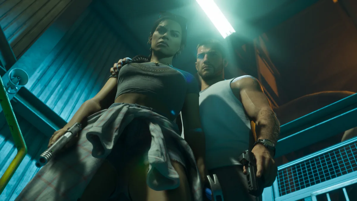 Lucia y Jason armados en un pasillo iluminado con luz cian en GTA 6