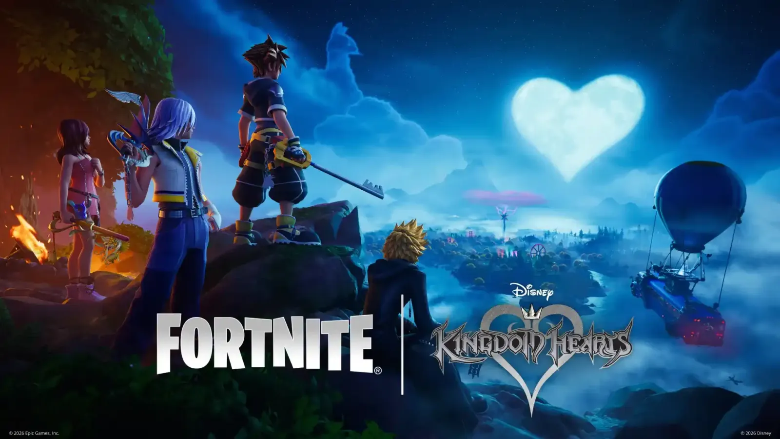 Sora, Riku, Kairi y Roxas frente a la luna con forma de corazón en el arte oficial de Kingdom Hearts en Fortnite