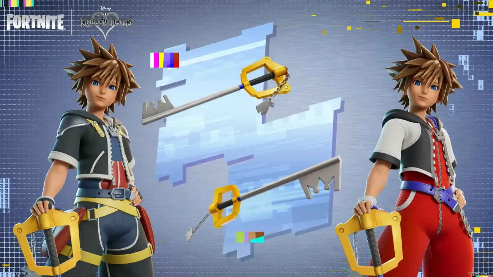 Sora en Fortnite con dos de sus estilos y sus picos con forma de Llave Espada