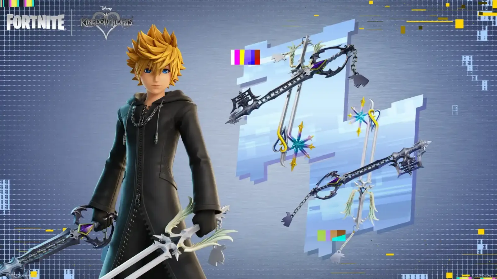 Roxas en Fortnite con su abrigo negro y sus picos con forma de Llave Espada